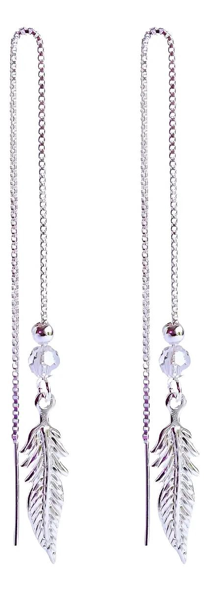 AROS DE PLATA 925 CON DISEÑO DE PLUMAS Y CRISTALES BRILLANTES - 1