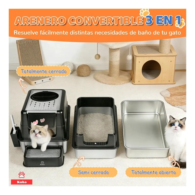 SET ARENERO CERRADO PARA GATO CON BAÑO SANITARIO DE ACERO INOXIDABLE XXL - 2