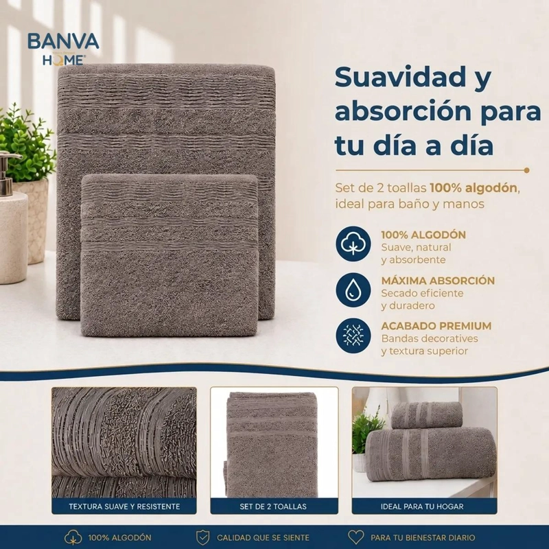 JUEGO DE TOALLAS DE BAÑO DE ALGODON 500G PARA CUERPO Y MANOS - 2