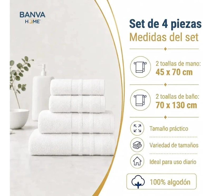 JUEGO DE 4 TOALLAS DE ALGODON PARA BAÑO EN BLANCO DE ALTA ABSORCION - 2