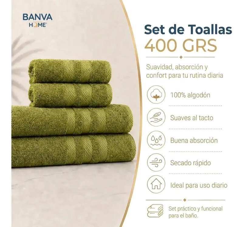 JUEGO DE 4 TOALLAS DE ALGODON PARA BAÑO Y MANOS COLOR LIMA 400 GRAMOS - 4