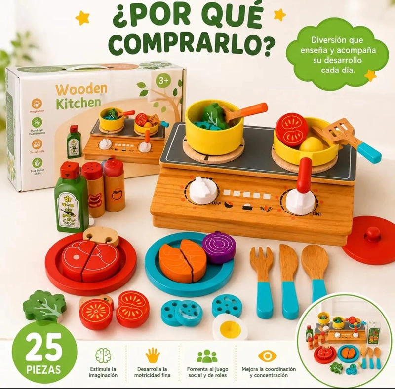 SET DE COCINA DE MADERA CON 25 PIEZAS DE OLLAS Y UTENSILIOS - 3