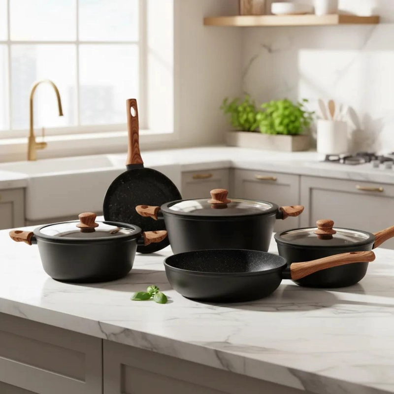 BATERIA DE COCINA CON OLLAS ANTIADHERENTES DE GRANITO FUNDIDO - 1