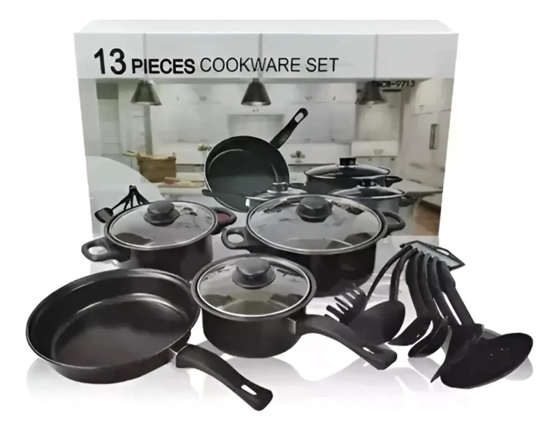JUEGO DE OLLAS Y UTENSILIOS DE COCINA 13 PIEZAS COLOR NEGRO - 1