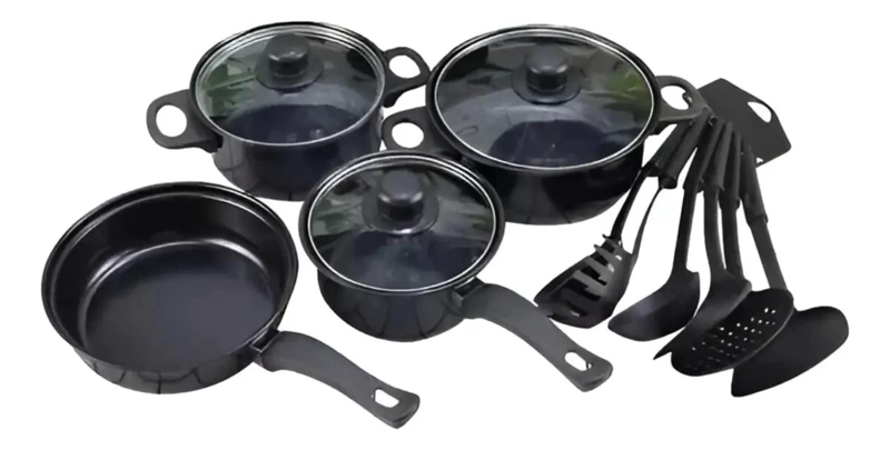 JUEGO DE OLLAS Y UTENSILIOS DE COCINA 13 PIEZAS COLOR NEGRO - 2