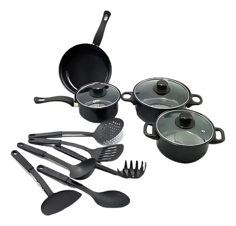 JUEGO DE OLLAS Y UTENSILIOS DE COCINA 13 PIEZAS COLOR NEGRO - 5