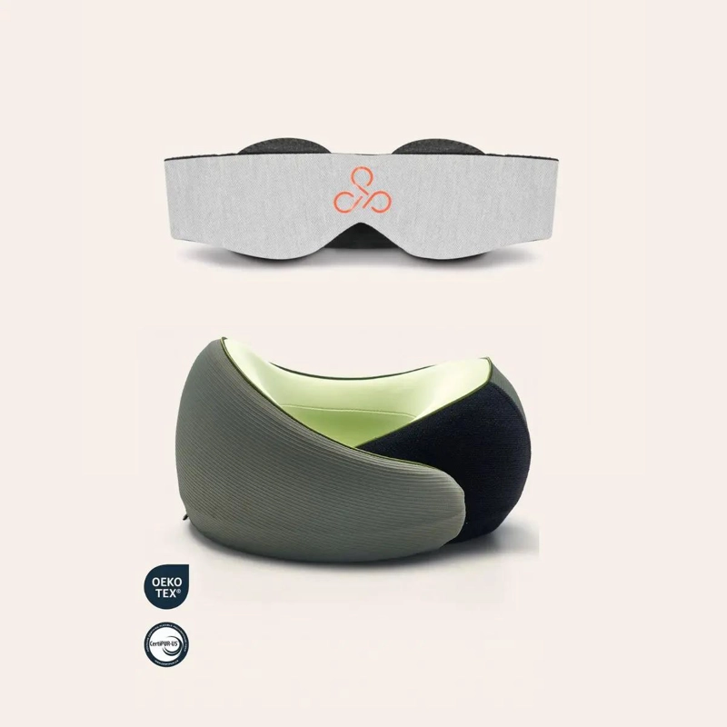 PACK DE VIAJE CON ANTIFAZ GRIS Y ALMOHADA ERGONOMICA PARA DESCANSO - 1