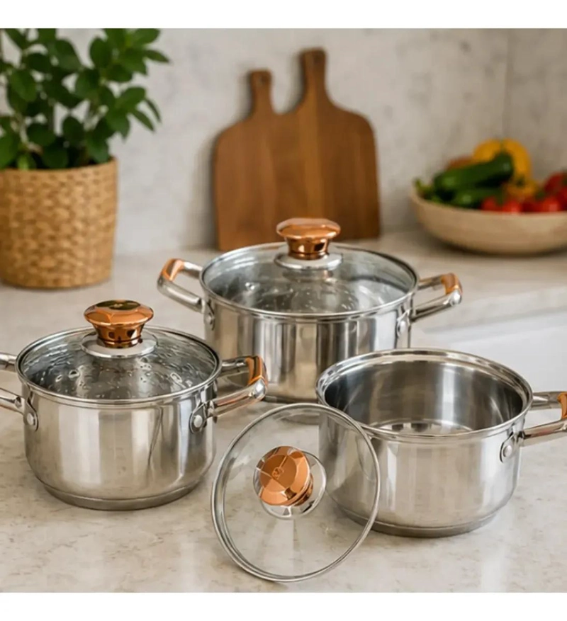 SET DE 6 OLLAS DE ACERO INOXIDABLE CON TAPAS DE VIDRIO PARA COCINA - 1