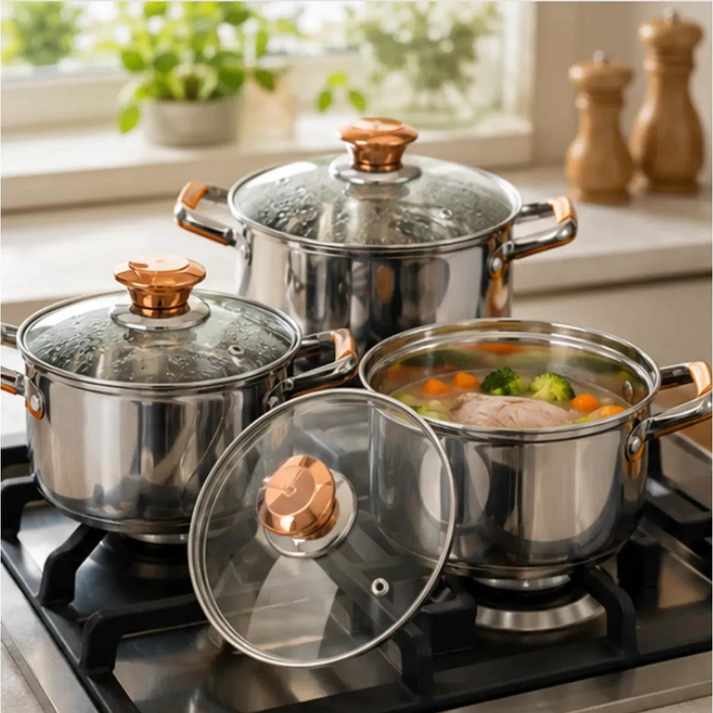 SET DE 6 OLLAS DE ACERO INOXIDABLE CON TAPAS DE VIDRIO PARA COCINA - 3