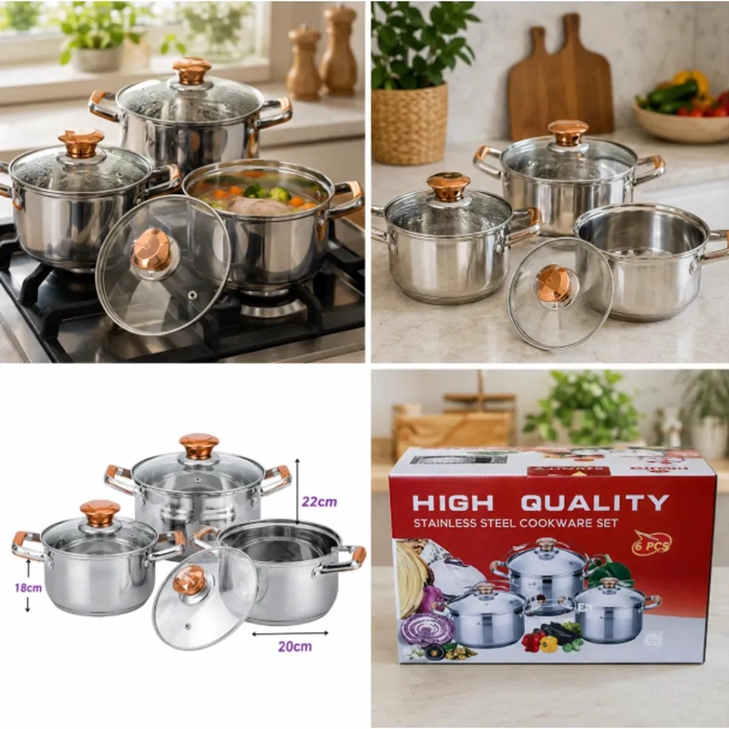 SET DE 6 OLLAS DE ACERO INOXIDABLE CON TAPAS DE VIDRIO PARA COCINA - 4