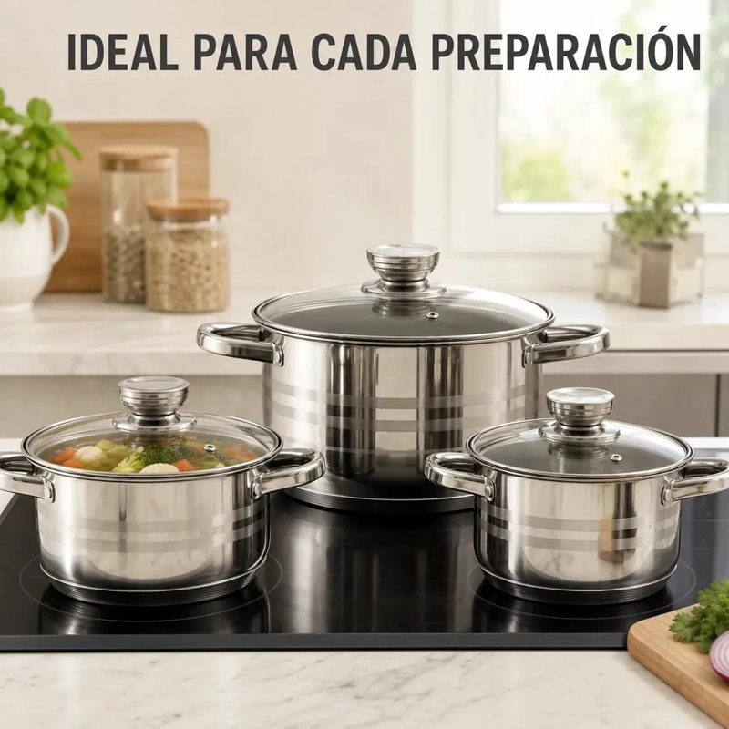 SET DE 3 OLLAS DE ACERO INOXIDABLE CON DOBLE FONDO PARA INDUCCION - 3
