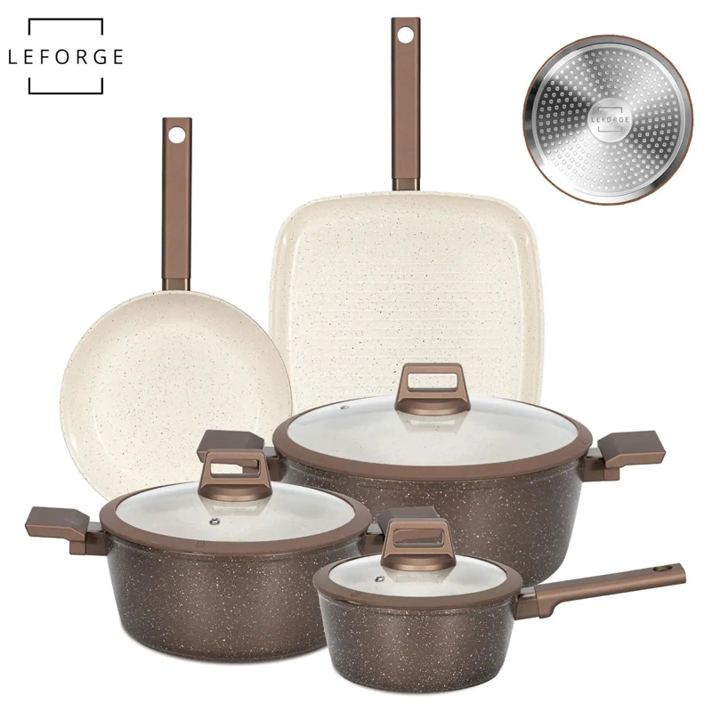 JUEGO DE COCINA ANTIADHERENTE CERAMICO DE 8 PIEZAS COLOR CHOCOLATE Y CREMA - 1