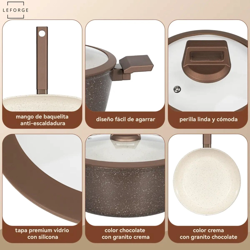 JUEGO DE COCINA ANTIADHERENTE CERAMICO DE 8 PIEZAS COLOR CHOCOLATE Y CREMA - 2