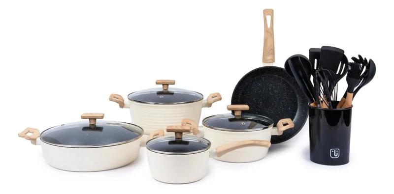 SET DE COCINA CON BATERIA DE 9 PIEZAS Y 12 UTENSILIOS EN COLOR NEGRO - 1
