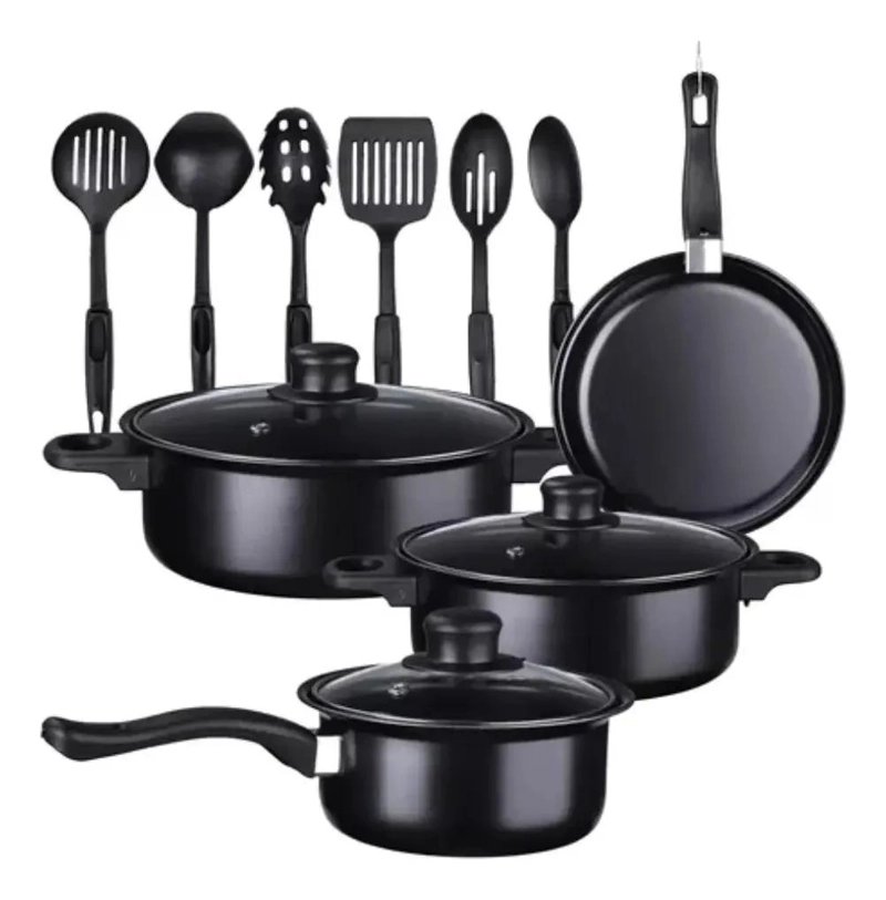 JUEGO DE COCINA 13 PIEZAS CON OLLA Y SARTE N ANTIADHERENTE NEGRO - 1