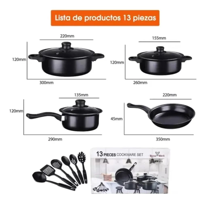 JUEGO DE COCINA 13 PIEZAS CON OLLA Y SARTE N ANTIADHERENTE NEGRO - 3