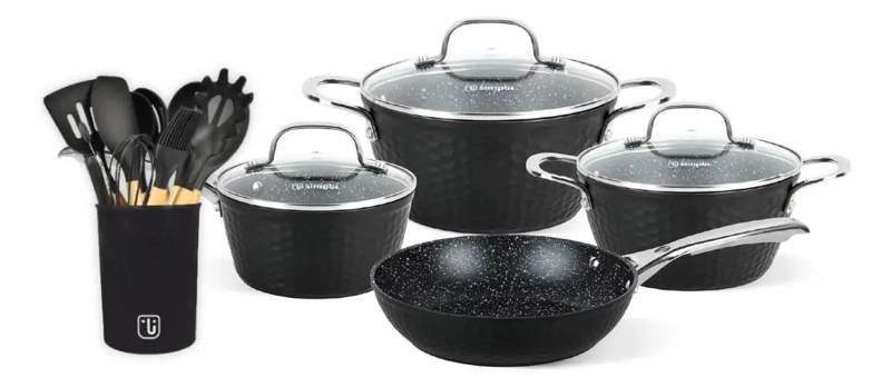 PACK BATERIA DE COCINA 7 PIEZAS Y SET DE 12 UTENSILIOS EN NEGRO - 1