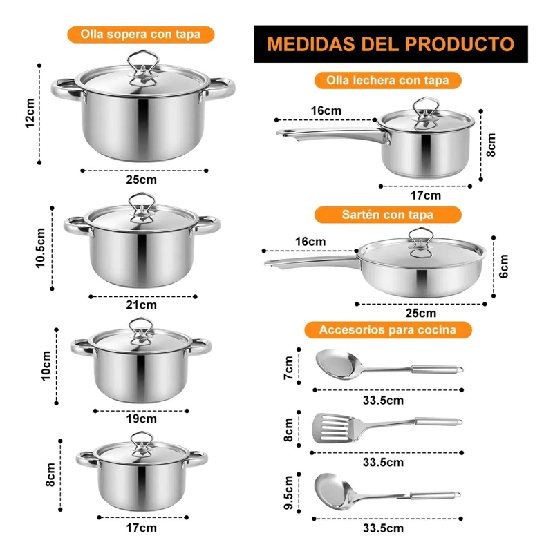 JUEGO DE 15 PIEZAS DE OLLAS Y SARTENES DE ACERO INOXIDABLE - 2