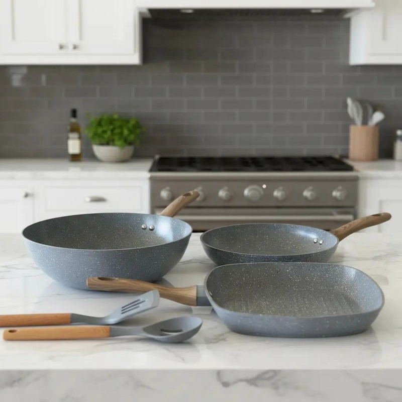 JUEGO DE COCINA 5 PIEZAS ANTIADHERENTE CON RECUBRIMIENTO CERAMICO MARMOL - 1