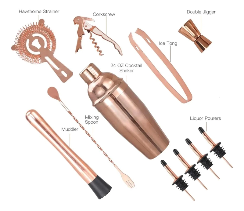 JUEGO PROFESIONAL DE COCTELERA DE ACERO INOXIDABLE COBRE CON 12 PIEZAS - 3
