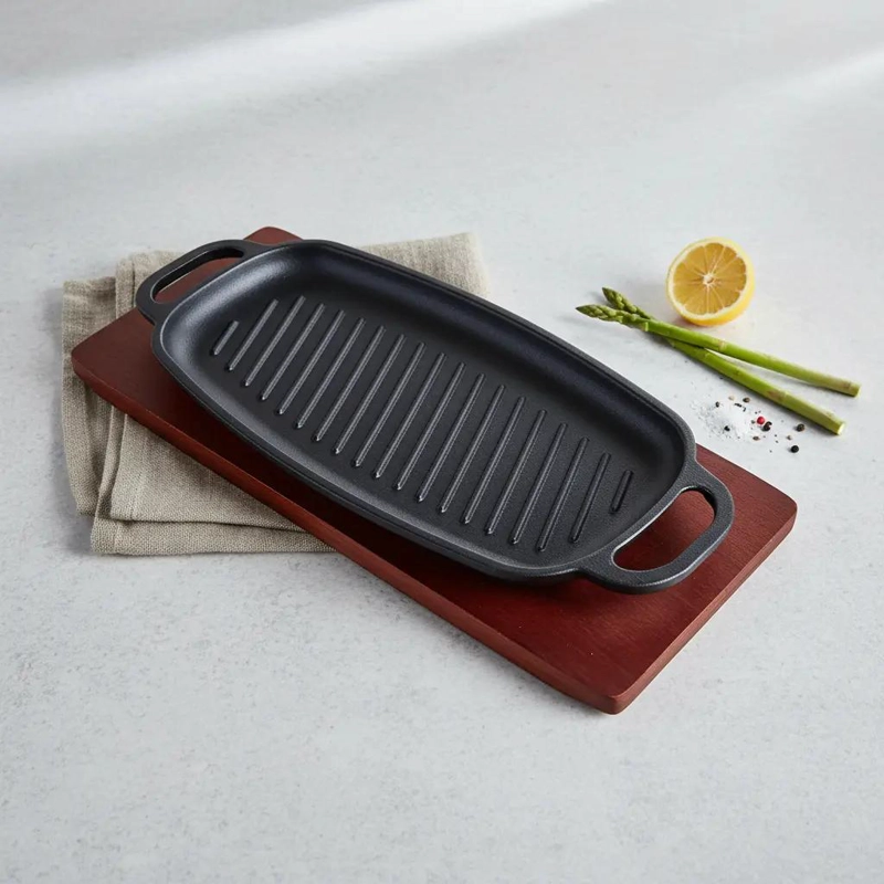 PLANCHA CHURRASQUERA DE HIERRO CON BASE DE MADERA 34X15X3 CM PARA ASADOS - 1