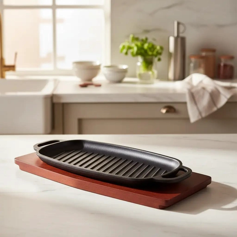PLANCHA CHURRASQUERA DE HIERRO CON BASE DE MADERA 34X15X3 CM PARA ASADOS - 2