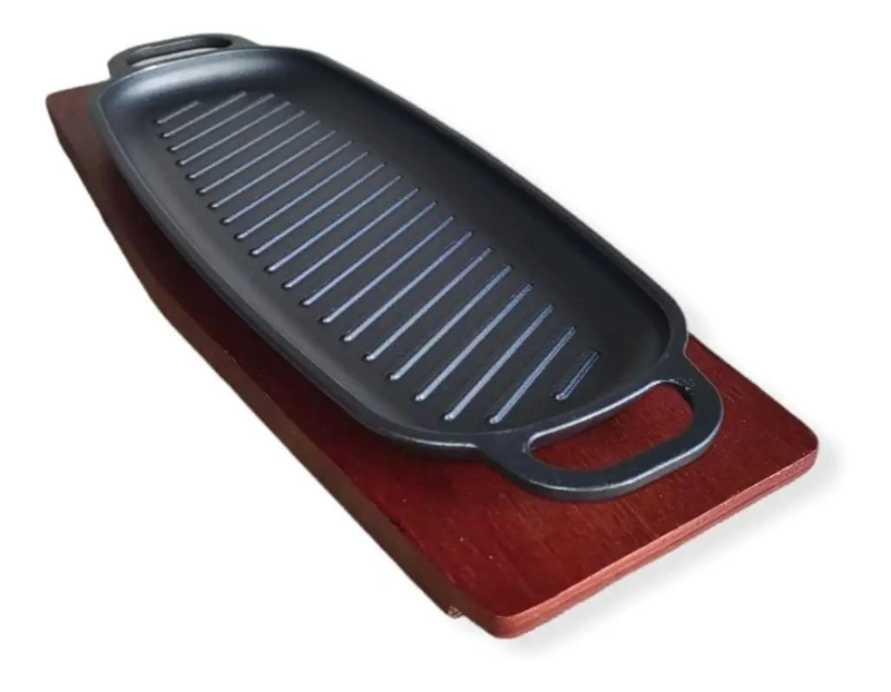 PLANCHA CHURRASQUERA DE HIERRO CON BASE DE MADERA 34X15X3 CM PARA ASADOS - 3