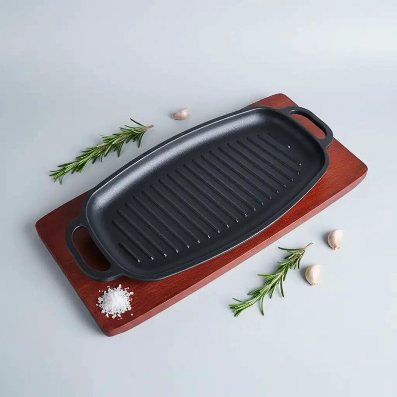 PLANCHA CHURRASQUERA DE HIERRO CON BASE DE MADERA 34X15X3 CM PARA ASADOS - 4