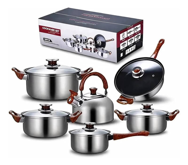JUEGO DE COCINA DE ACERO INOXIDABLE CON 12 PIEZAS Y TETERA INCLUIDA - 1