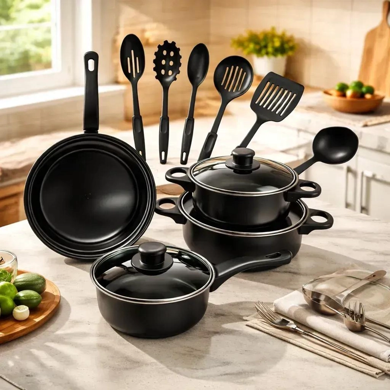 JUEGO DE OLLAS ANTIADHERENTES NEGRAS CON 13 PIEZAS PARA COCINA - 1