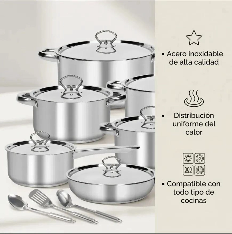 JUEGO DE OLLAS DE COCINA INOXIDABLE CON 15 PIEZAS PARA USO DIARIO - 3