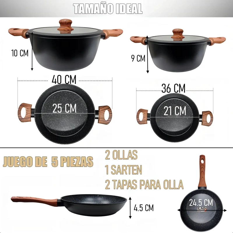 JUEGO DE OLLAS ANTIADHERENTES DE GRANITO CON 5 PIEZAS PARA COCINA - 1