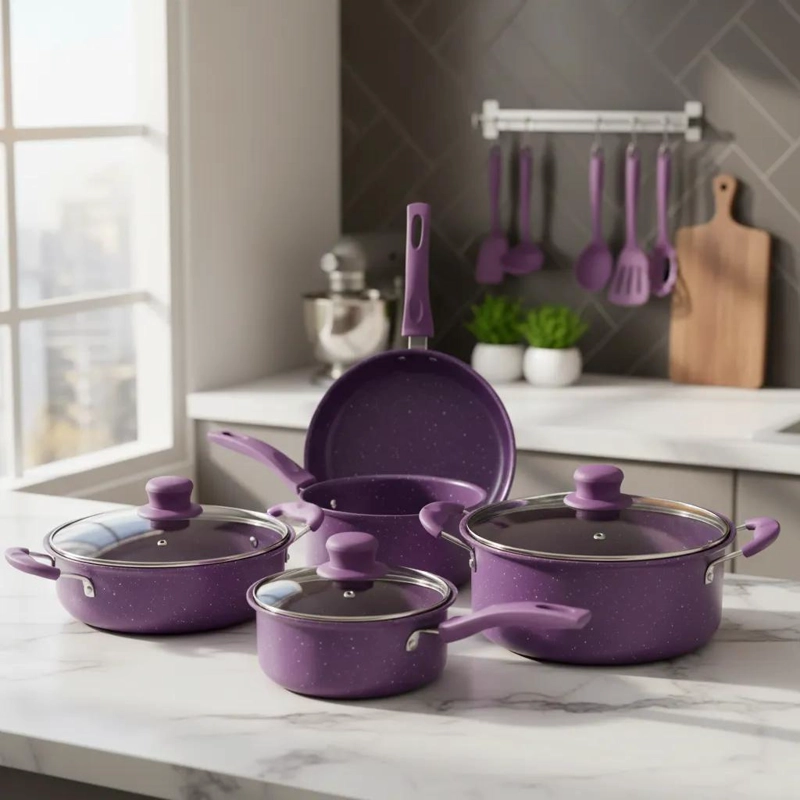 SET DE UTENSILIOS DE COCINA CON OLLA ANTIADHERENTE DE 14 PIEZAS COLOR MORADO - 1