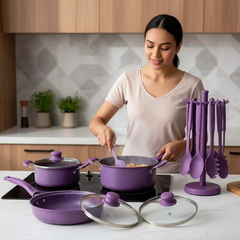 SET DE UTENSILIOS DE COCINA CON OLLA ANTIADHERENTE DE 14 PIEZAS COLOR MORADO - 2