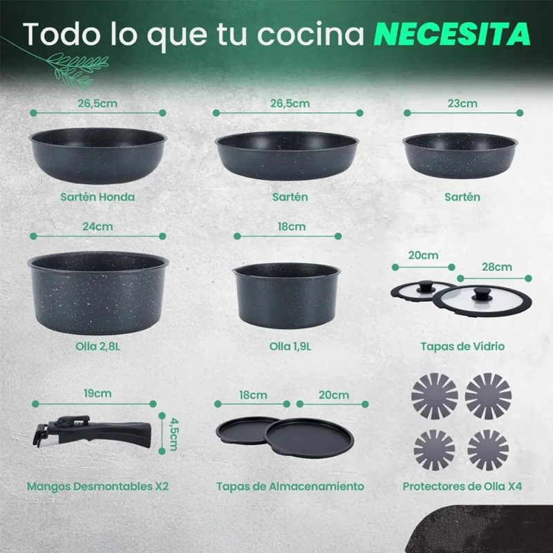 JUEGO COMPLETO DE OLLAS Y SARTENES CON ASAS DESMONTABLES 15 PIEZAS - 2