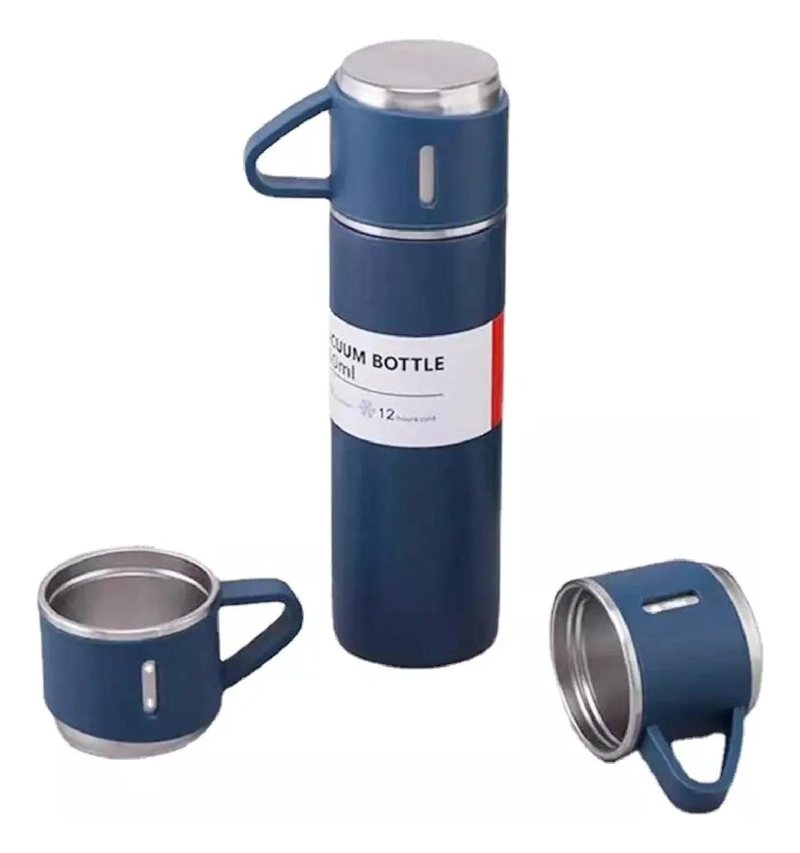 TERMO DE ACERO INOXIDABLE CON DOS TAZAS COLOR AZUL MARINO PARA BEBIDAS - 1