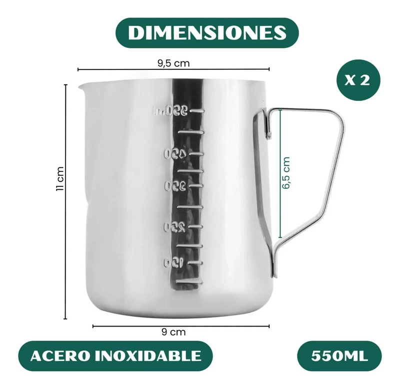 JARRA PARA ESPUMAR LECHE DE ACERO INOXIDABLE 550 ML PACK 2 UNIDADES - 2
