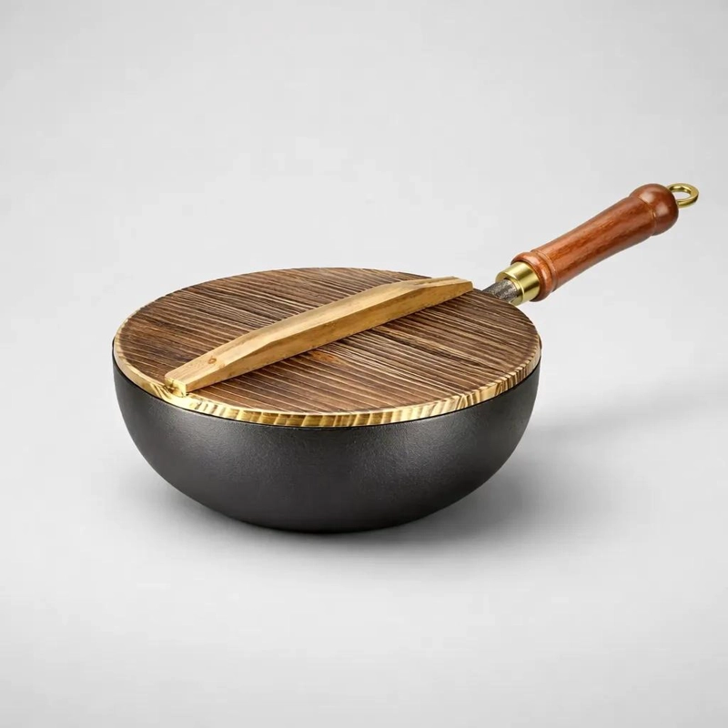 WOK DE HIERRO FUNDIDO 28 CM CON TAPA Y MANGO DE MADERA ANTIADHERENTE - 2