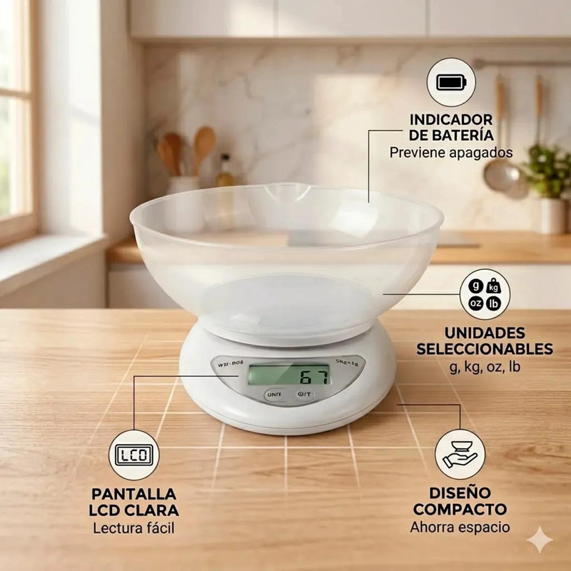 BALANZA DIGITAL PARA COCINA CON BOWL INTEGRADO IDEAL PARA DIETAS Y REPOSTERIA - 4