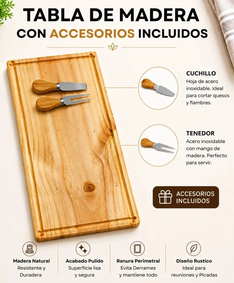 TABLA DE MADERA PARA PICOTEO Y CORTAR QUESO CON SET DE CUCHILLOS - 2