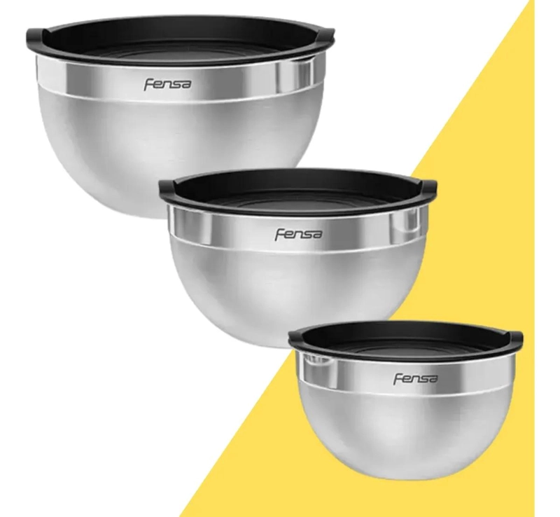 SET DE 3 BOWLS DE ACERO INOXIDABLE CON TAPA PLASTICA GRIS - 1
