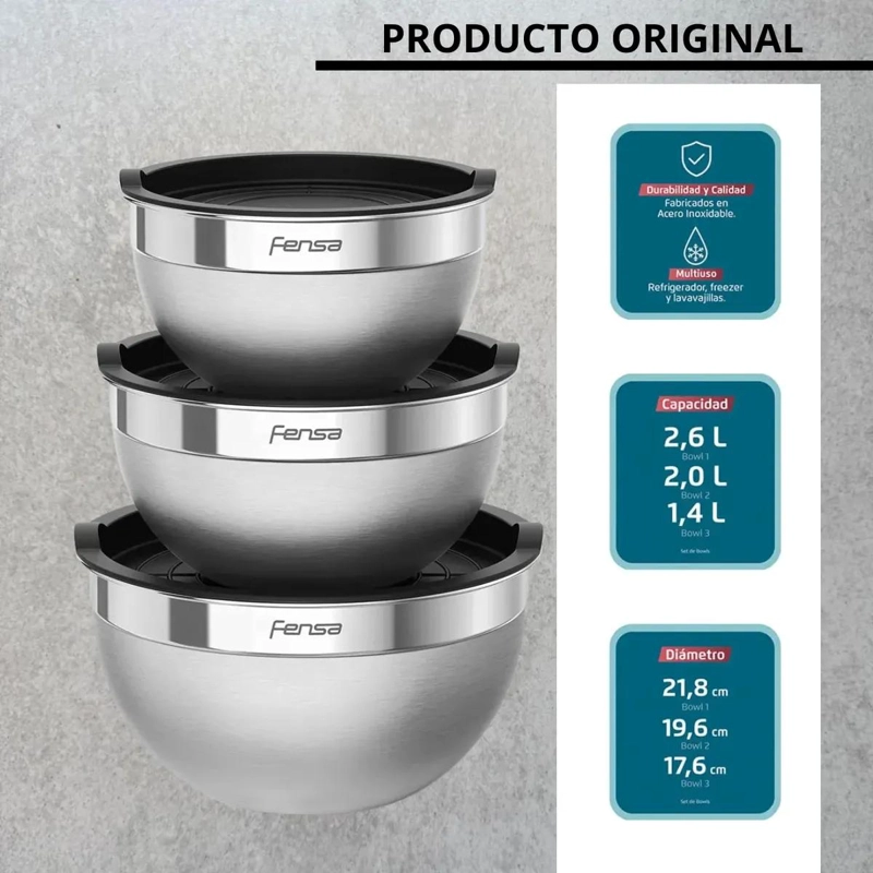 SET DE 3 BOWLS DE ACERO INOXIDABLE CON TAPA PLASTICA GRIS - 2