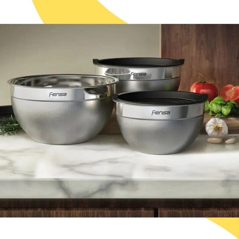 SET DE 3 BOWLS DE ACERO INOXIDABLE CON TAPA PLASTICA GRIS - 3
