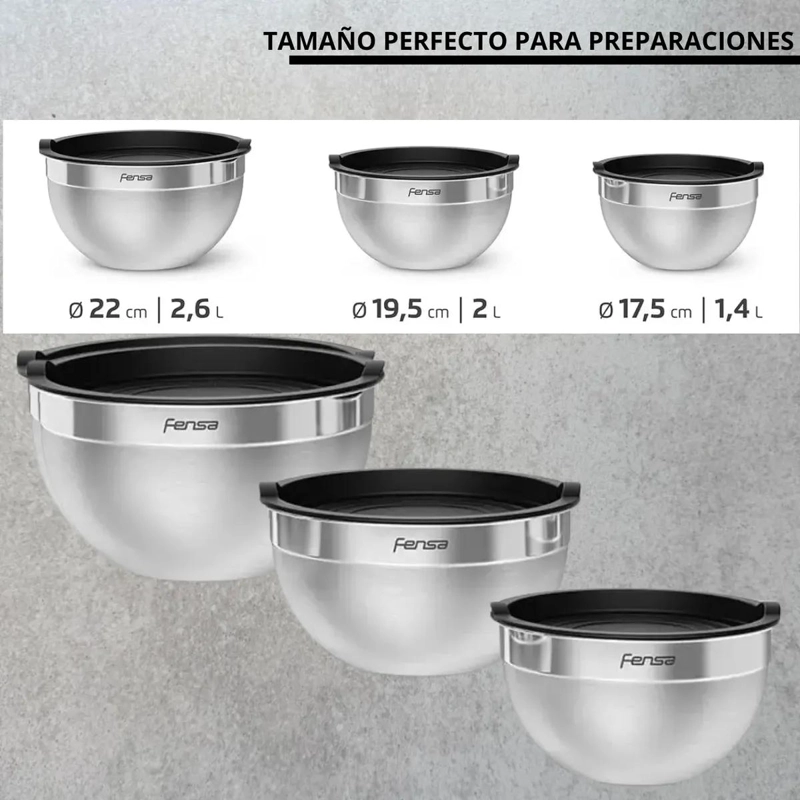 SET DE 3 BOWLS DE ACERO INOXIDABLE CON TAPA PLASTICA GRIS - 4
