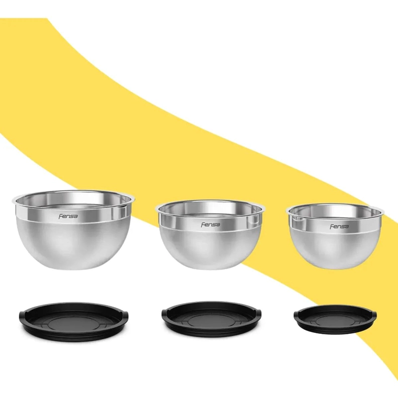 SET DE 3 BOWLS DE ACERO INOXIDABLE CON TAPA PLASTICA GRIS - 5
