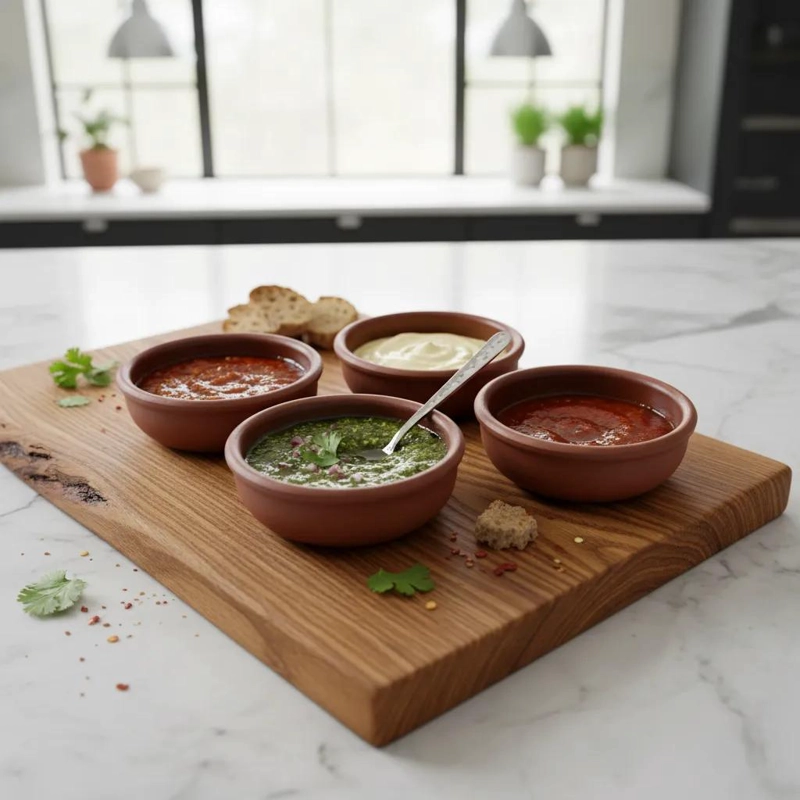 JUEGO DE 12 POCILLOS DE GREDA PARA SALSAS Y PEBRE DE 8 CM - 1