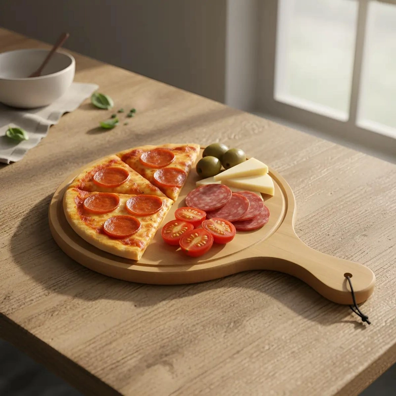 TABLA REDONDA DE BAMBU PARA PICOTEO Y PIZZA CON CANALETA 32X45 CM - 1