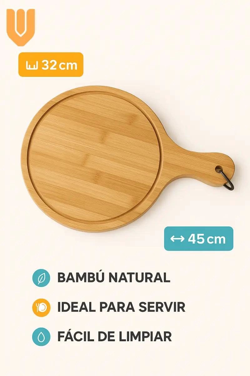 TABLA REDONDA DE BAMBU PARA PICOTEO Y PIZZA CON CANALETA 32X45 CM - 2