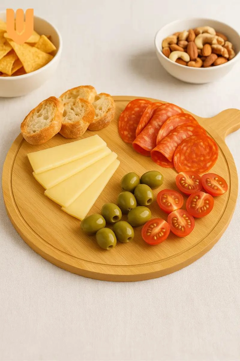 TABLA REDONDA DE BAMBU PARA PICOTEO Y PIZZA CON CANALETA 32X45 CM - 3
