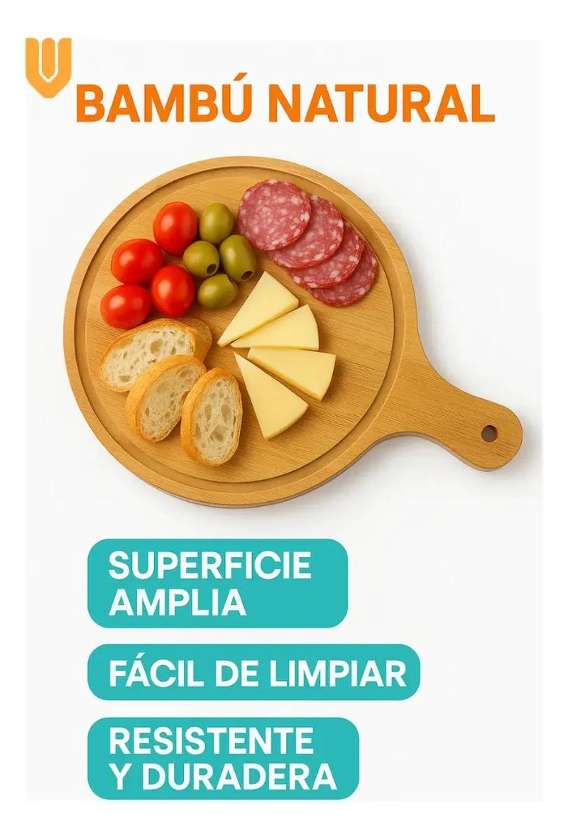 TABLA REDONDA DE BAMBU PARA PICOTEO Y PIZZA CON CANALETA 32X45 CM - 4